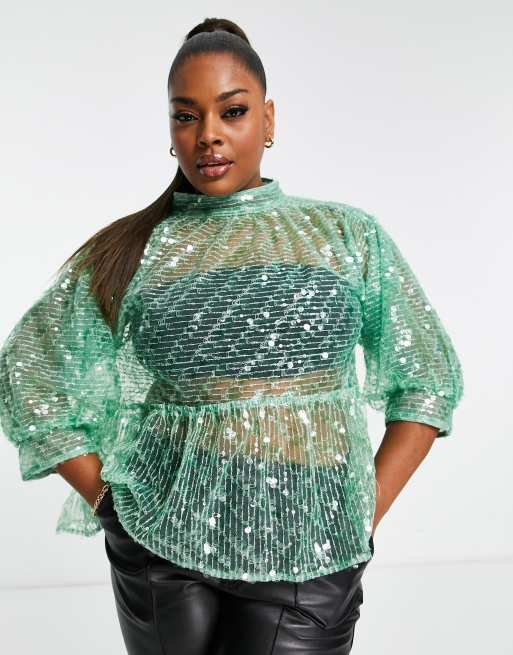 ASOS DESIGN Curve – Grön topp i peplum-modell med hög krage och paljetter, 4 av 4