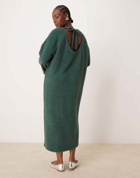ASOS DESIGN Curve – Grön tröjklänning i supermjukt, fluffigt material med slouchy-stil och midaxilängd - view 1