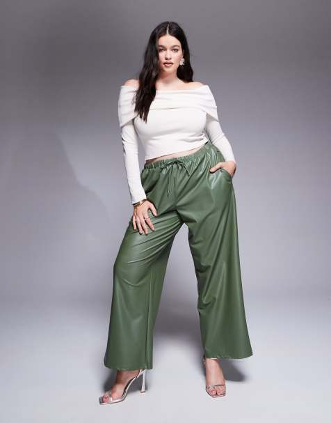 ASOS DESIGN Curve – Gröna byxor i läderimitation med knytmidja och vida ben - view 1