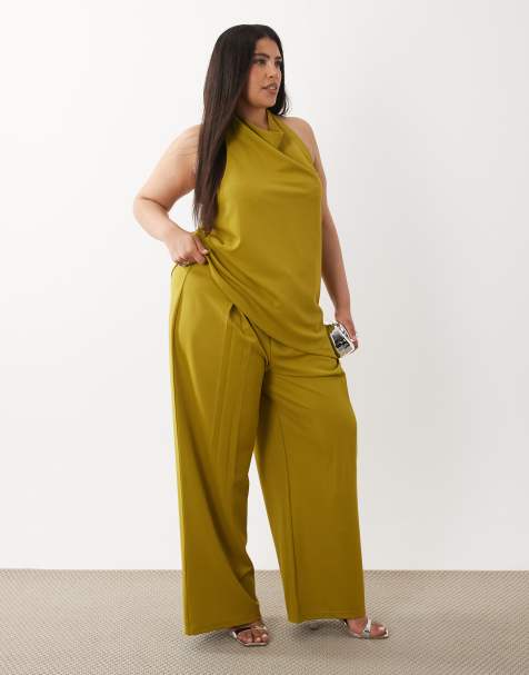 ASOS DESIGN Curve – Gröna, figursydda, slouchy byxor i twill med vida ben, del av set - view 1