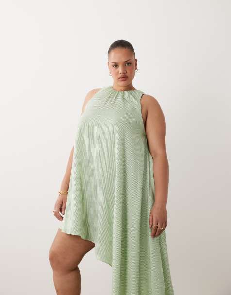 ASOS DESIGN Curve – Grönrandig miniklänning med asymmetrisk fåll och volym - view 1