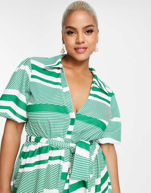 ASOS DESIGN Curve – Grönrandig skjortklänning i midilängd med skärp, 3 av 4