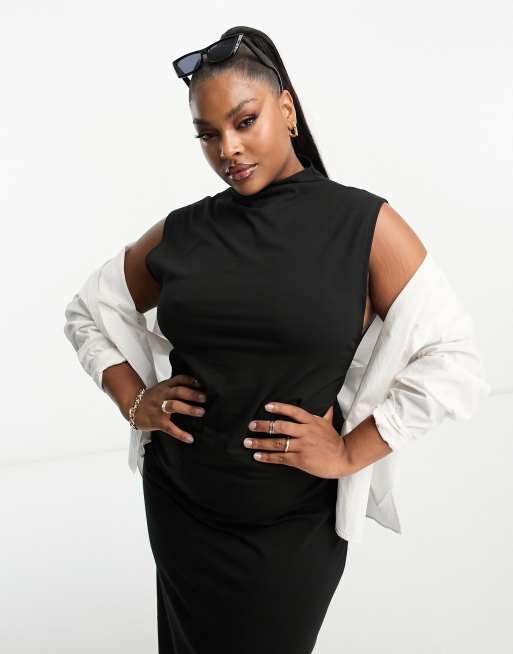 ASOS DESIGN Curve grown on neck midi dress with ruched side in black, 3 of 4