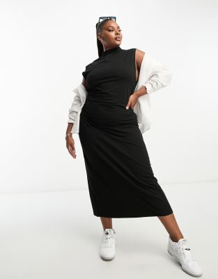 Asos Design Curve Grown On Neck With Ruched Side Midi Dress In Black-Green