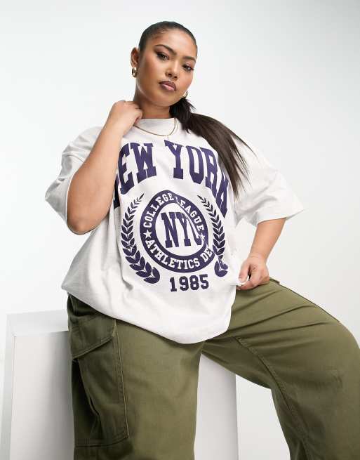 ASOS DESIGN Curve – Gruby T-shirt oversize w lodowym melanżu z rozcięciami po bokach i grafiką z napisem „New York”