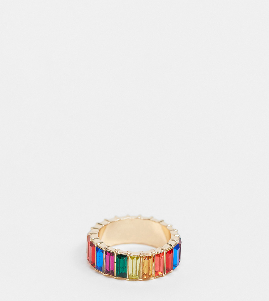 ASOS DESIGN Curve – Guldfärgad ring med avlånga stenar i regnbågsfärger