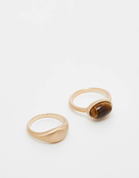 ASOS DESIGN Curve – Guldfärgade, borstade ringar med stenar av äkta tigeröga, 2-pack - view 1
