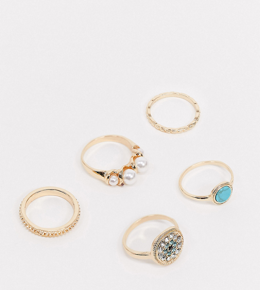ASOS DESIGN Curve – Guldfärgade ringar i 5-pack med pärlor och turkosfärgade stenar