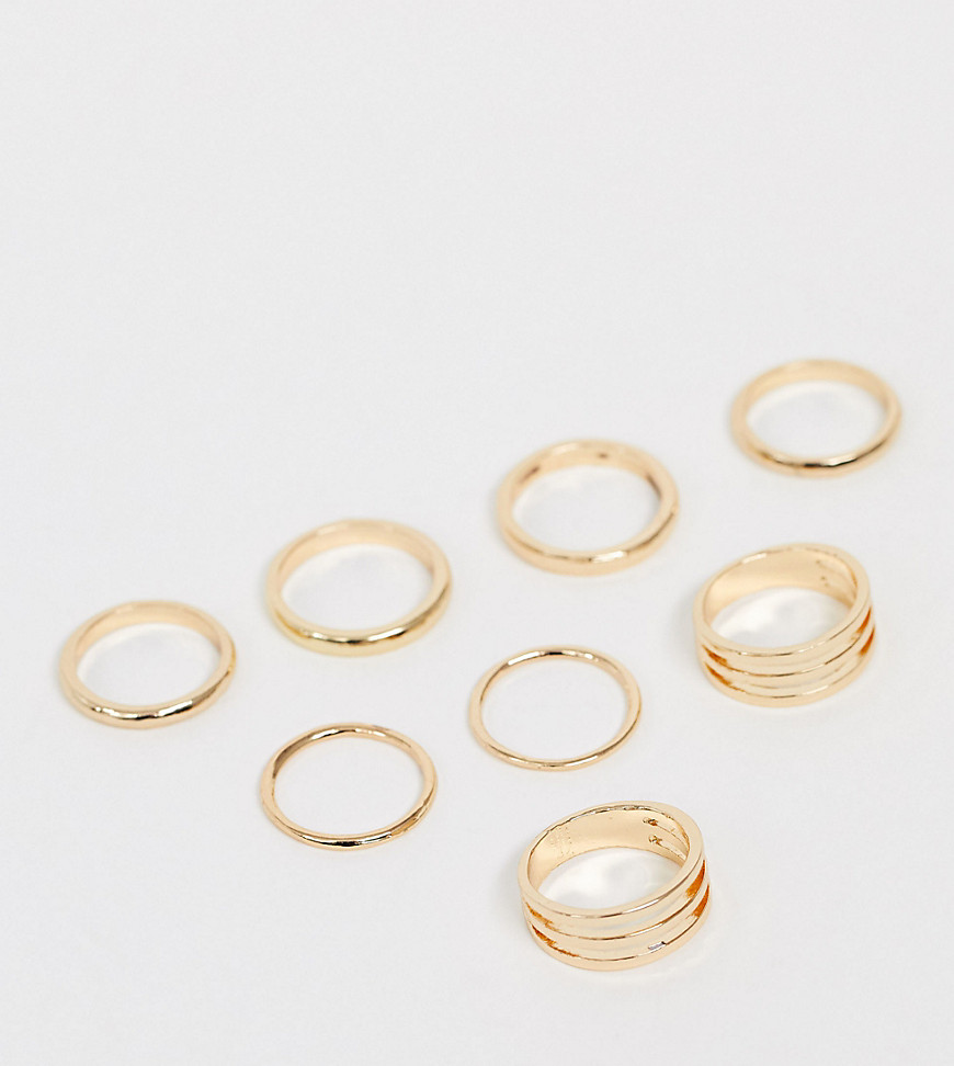 ASOS DESIGN Curve – Guldfärgade ringar i 8-pack med varierande bredd och dubbla band