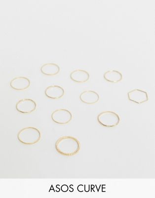 ASOS DESIGN – Curve – guldfärgade ringar i blandad design i 12-pack