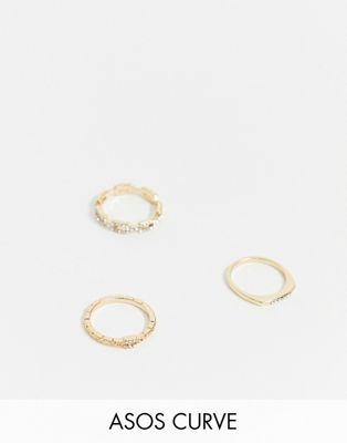 ASOS DESIGN – Curve – Guldfärgade ringar med kristaller i olika former i pack av 3
