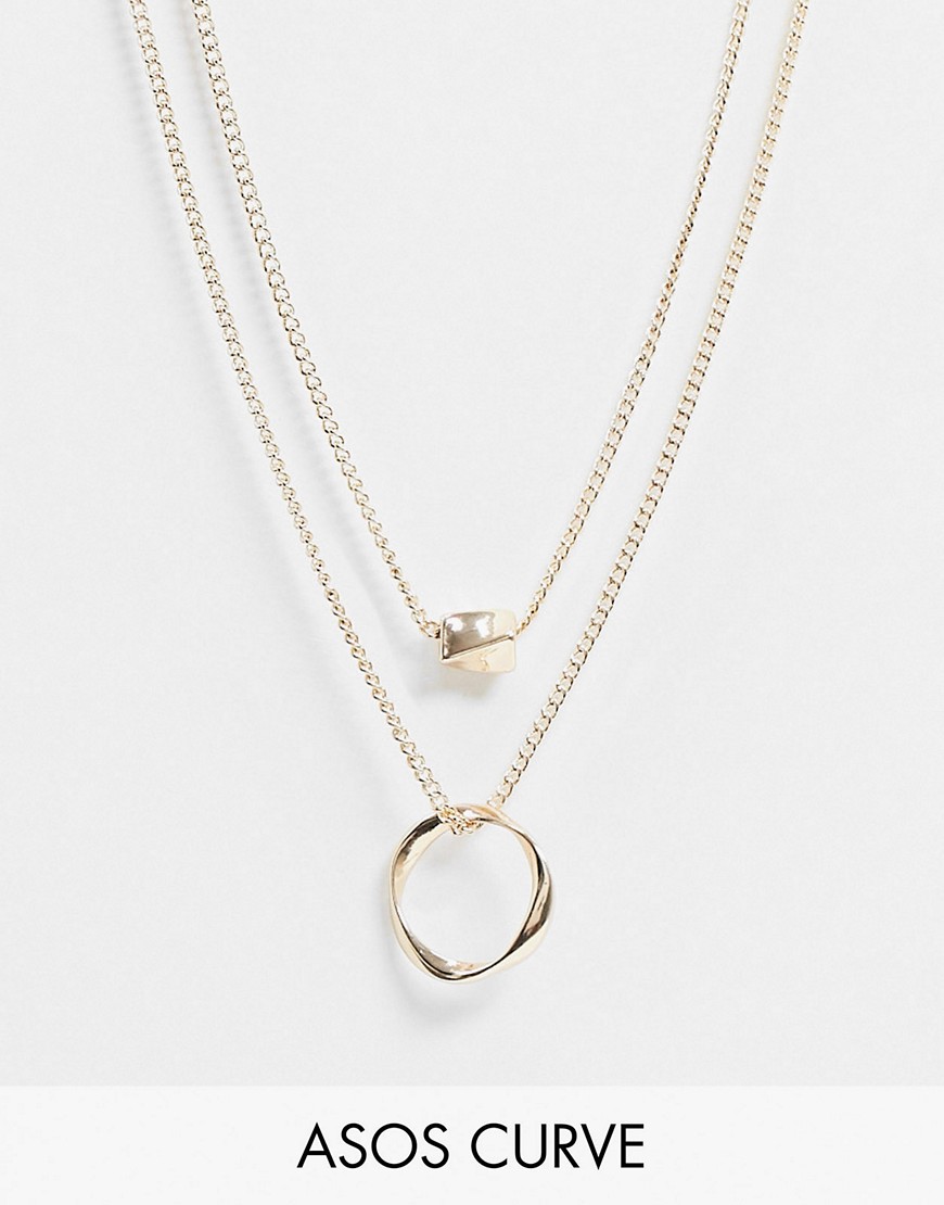 ASOS DESIGN Curve – Guldfärgat halsband i flera rader med klump och ring i vriden design