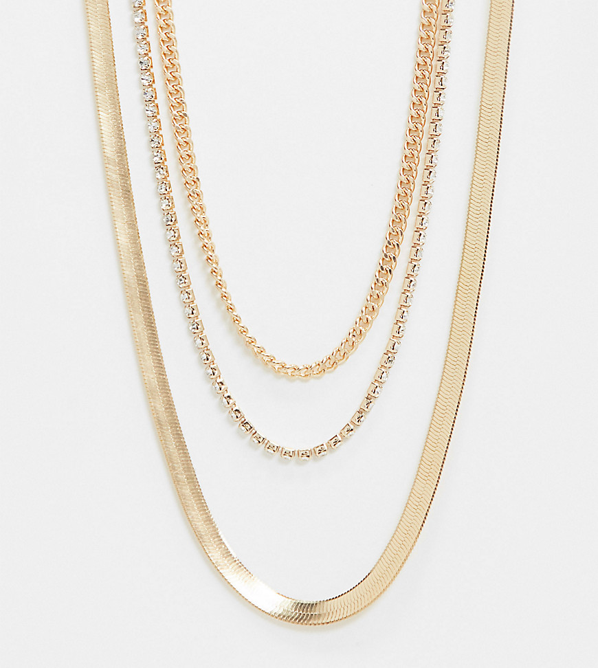 ASOS DESIGN Curve – Guldfärgat halsband med flera kedjor, platt orm- och pansarkedja