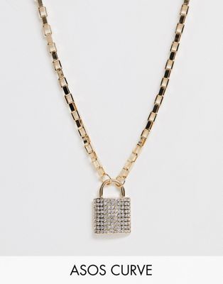 ASOS DESIGN Curve – Guldfärgat halsband med hänglåsberlock i kristall och metallkedja