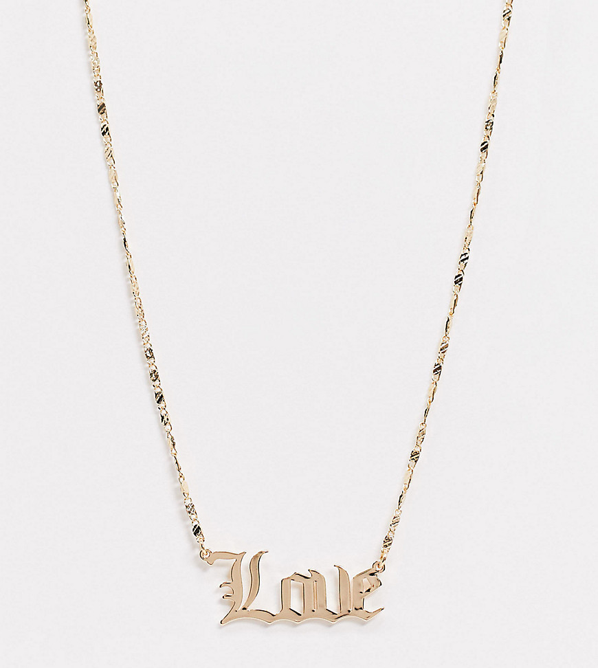 ASOS DESIGN Curve – Guldfärgat halsband med love-hängsmycke i gotiskt typsnitt