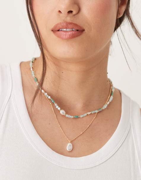 ASOS DESIGN Curve – Guldfärgat och blått halsband med flera rader och fuskpärlor - view 1