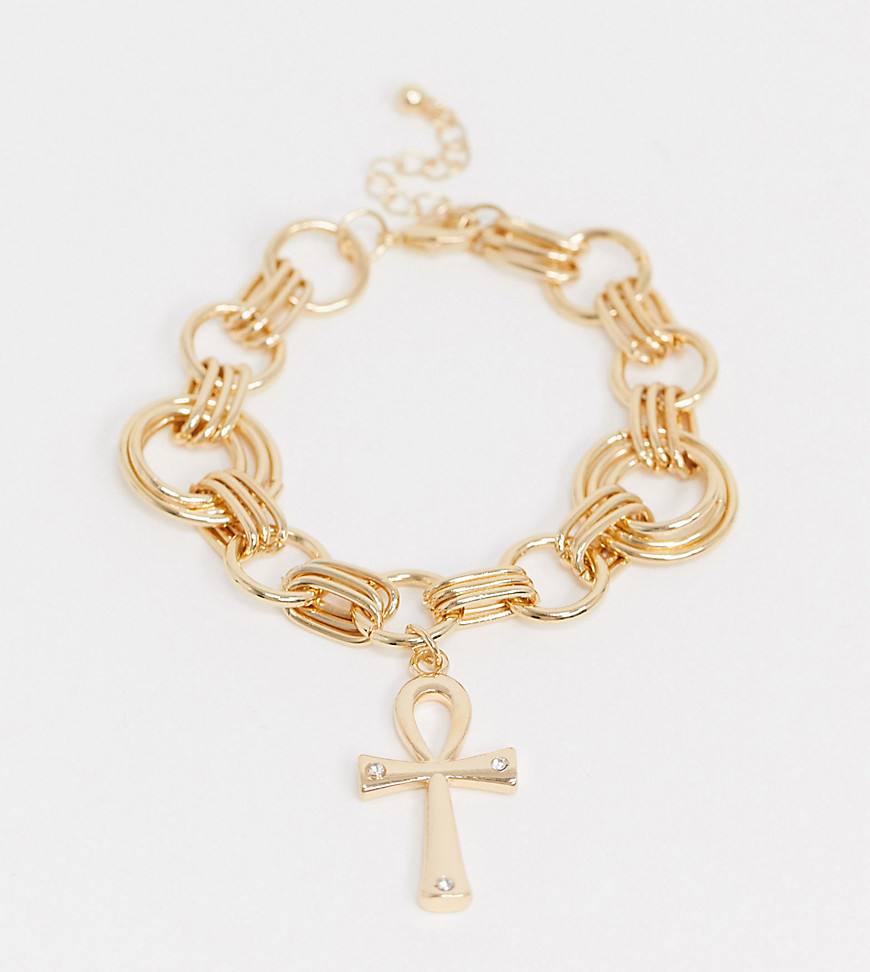ASOS DESIGN Curve – Guldfärgat, vintageliknande kedjearmband med strassutsmyckat kors