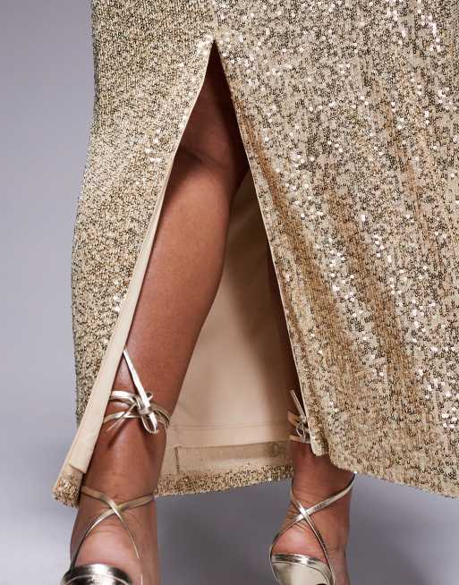 ASOS DESIGN Curve - Guldfarvet bandeau-midikjole med pailletter, 2 af 4