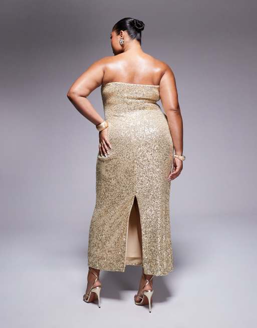 ASOS DESIGN Curve - Guldfarvet bandeau-midikjole med pailletter, 3 af 4