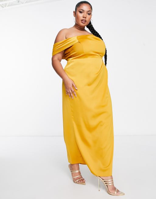 ASOS DESIGN Curve - Guldfarvet oneshoulder-maxikjole med plisseringer i satin , 2 af 4