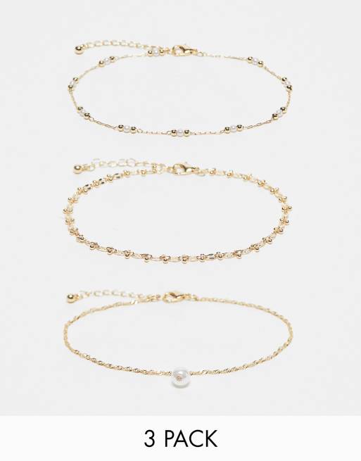 ASOS DESIGN Curve – Guldiga fotlänkar med fuskpärlor och kuldesign, 3-pack