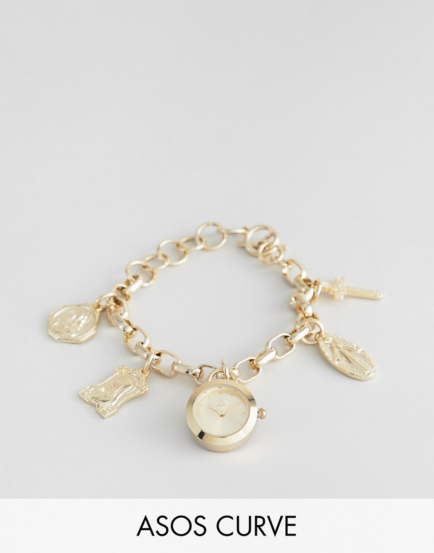 ASOS DESIGN Curve – Guldklocka med berlocker med religiösa motiv i vintagestil