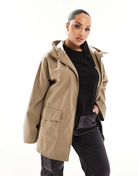 ASOS DESIGN Curve - Gummieret regnfrakke i svampebrun - view 1