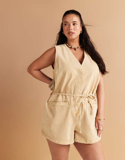 ASOS DESIGN Curve - Gyldenbrunt ærmeløst playsuit med bindebånd på ryggen i denim - view 1