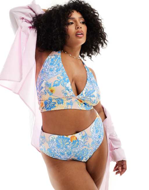 ASOS DESIGN Curve – Hailey – Góra od bikini z wydłużonymi trójkątnymi miseczkami i barokowym wzorem