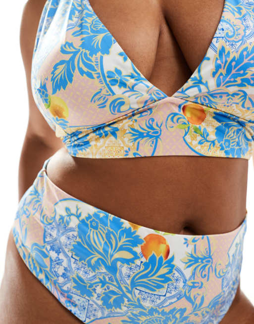 ASOS DESIGN Curve Hailey high apex triangle bikini top in baroque, 2 of 4