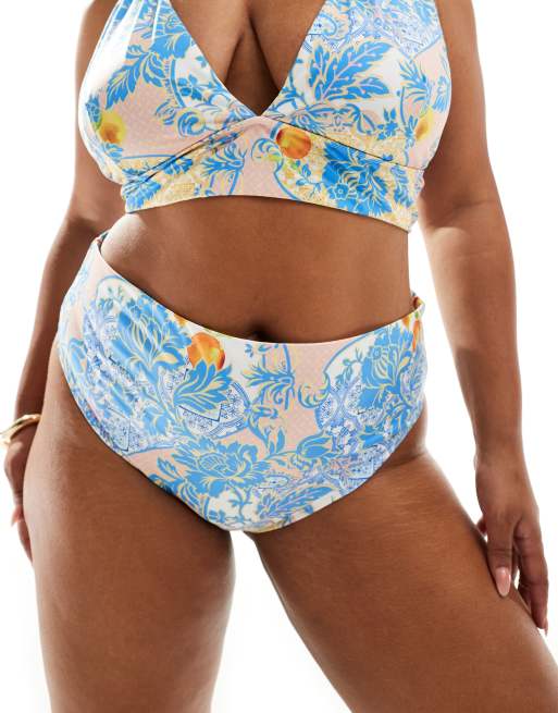 ASOS DESIGN Curve – Hailey – Wysoko wycięty dół bikini z podwyższonym stanem i barokowym wzorem