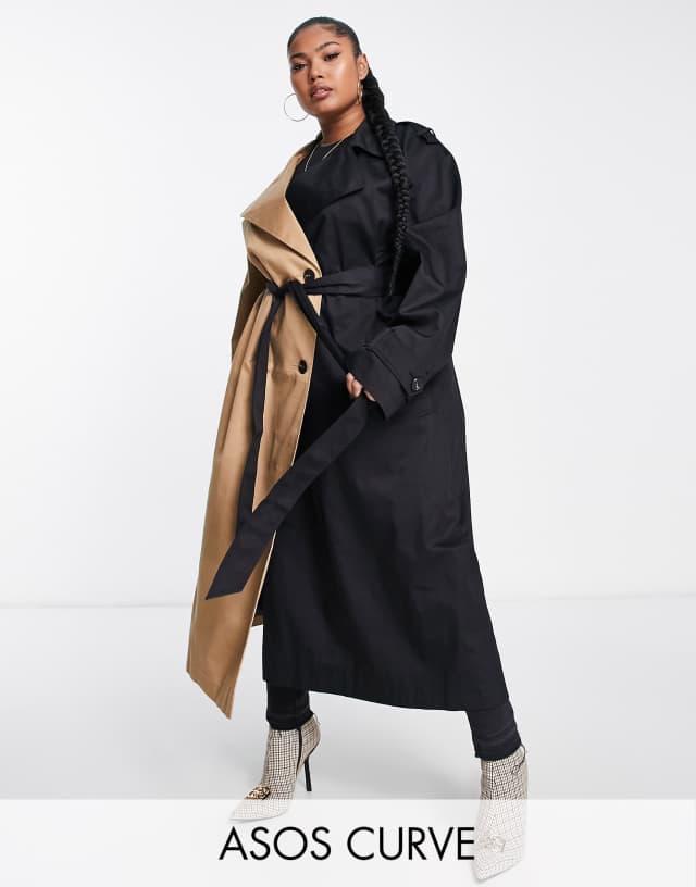 ASOS DESIGN Curve half and half trench coat in black and stone