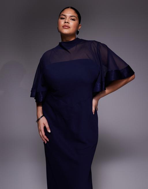 ASOS DESIGN Curve half wide sleeve column chiffon and satin contrast dress in navy, 3 of 4