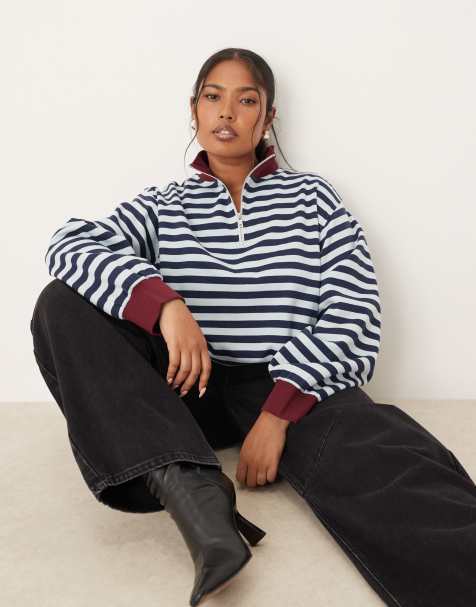 ASOS DESIGN Curve half zip sweatshirt in blue and burgundy stripe - view 1