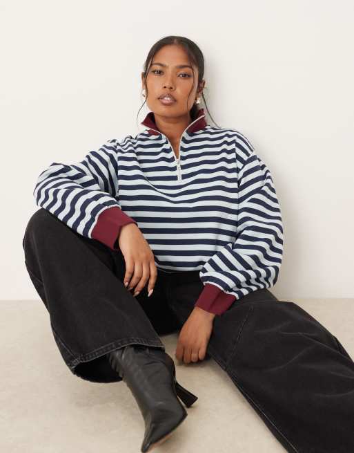 ASOS DESIGN Curve half zip sweatshirt in blue and burgundy stripes