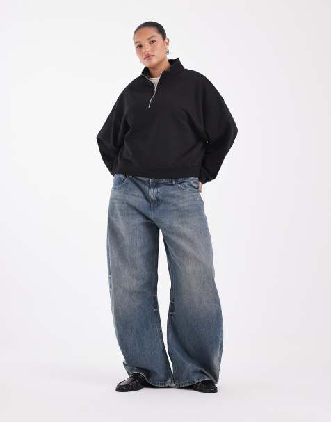 ASOS DESIGN Curve half-zip sweatshirt med ståkrave og boxy pasform i sort - view 1