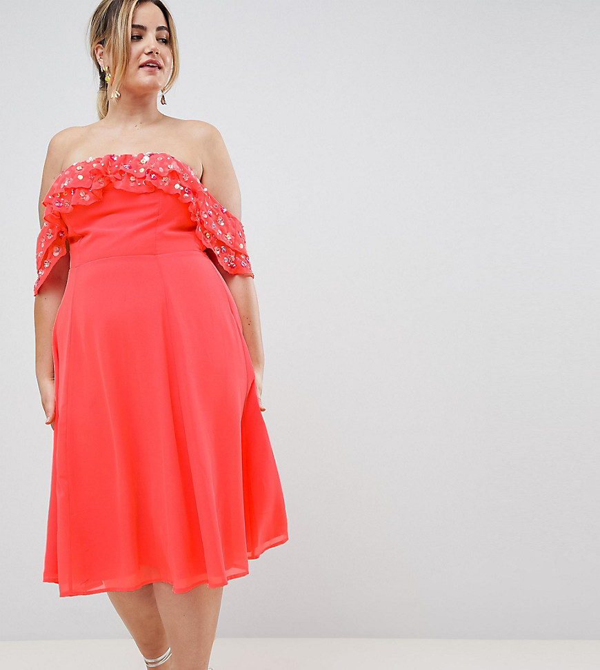 ASOS DESIGN - Curve - Halflange bardot-jurk met ruches en siersteentjes-Roze