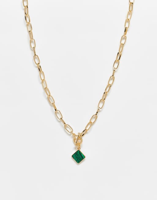 ASOS DESIGN Curve - Halflange ketting met hangertje met malachiet-look en T-staafje in goudkleur