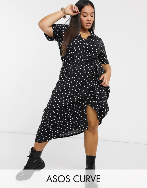 ASOS DESIGN Curve - Halflange overhemdjurk met knopen in zwarte stippenprint