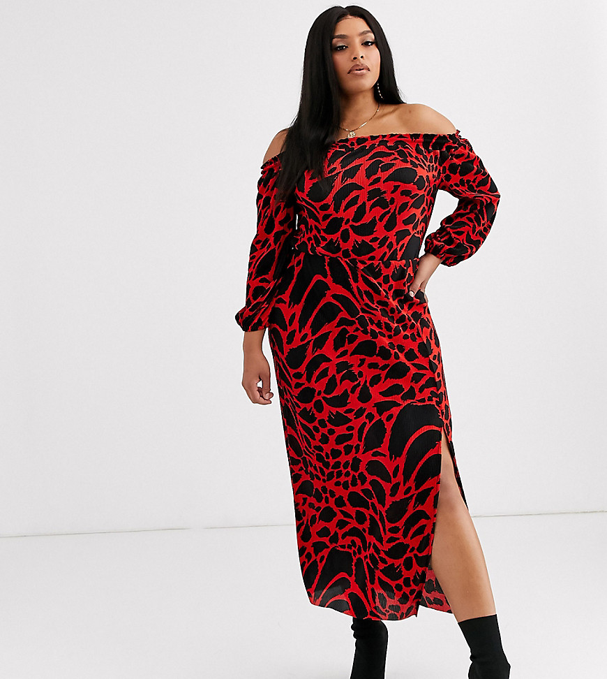 ASOS DESIGN Curve - Halflange plissé bardot-jurk met luipaardprint en lange mouwen-Multi