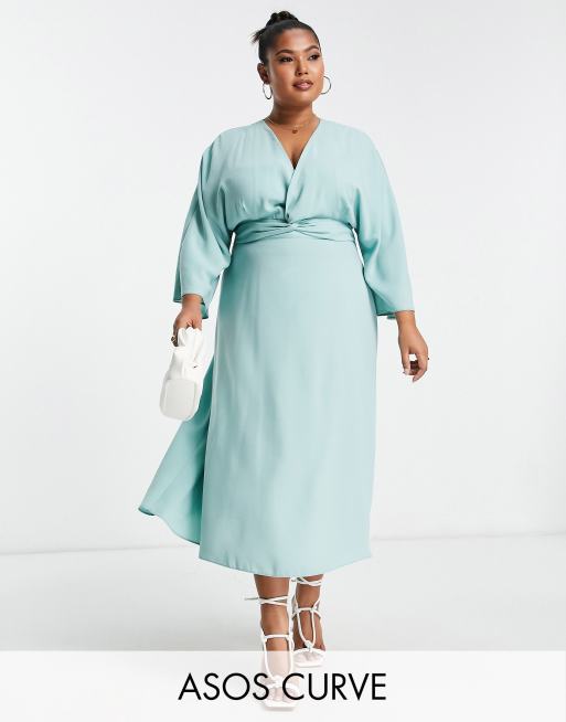 ASOS DESIGN Curve - Halflange skaterjurk met gedraaide voorkant en vleermuismouwen in zacht blauw