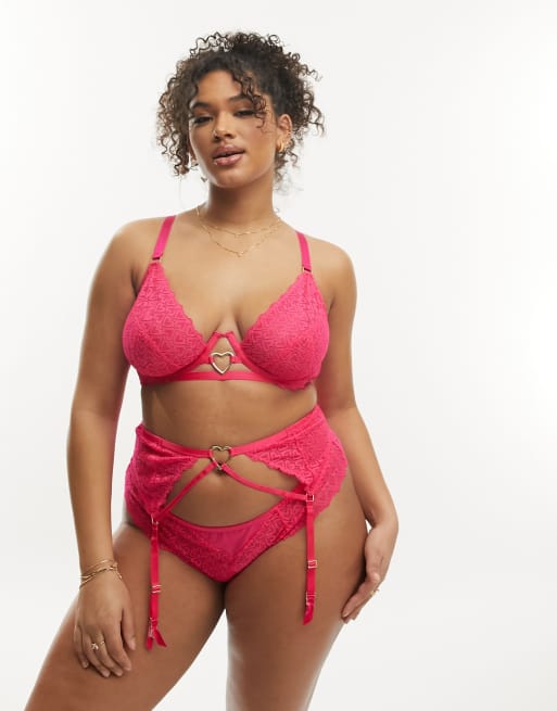 ASOS DESIGN Hallie heart lace suspender belt with hardware in pink