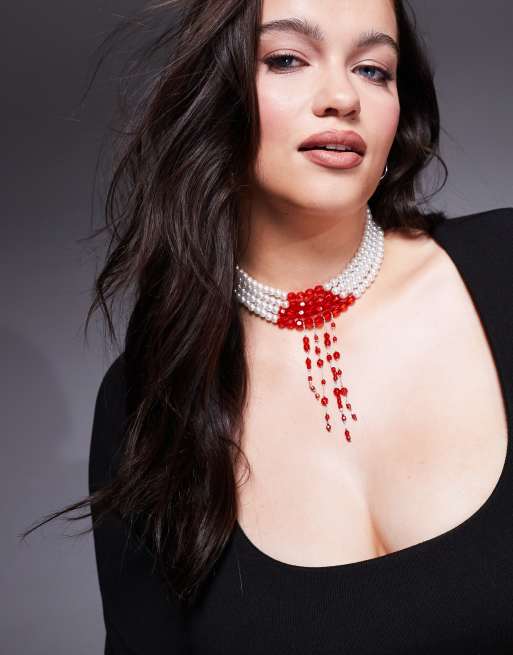 ASOS DESIGN Curve – Halloween – Naszyjnik choker ze sztucznymi perłami i czerwonymi koralikami