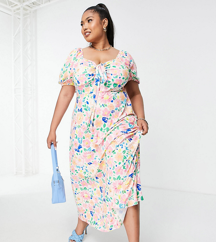 Asos Design Curve Halter Detail Puff Sleeve Maxi Dress In Bright Floral Print-Multi