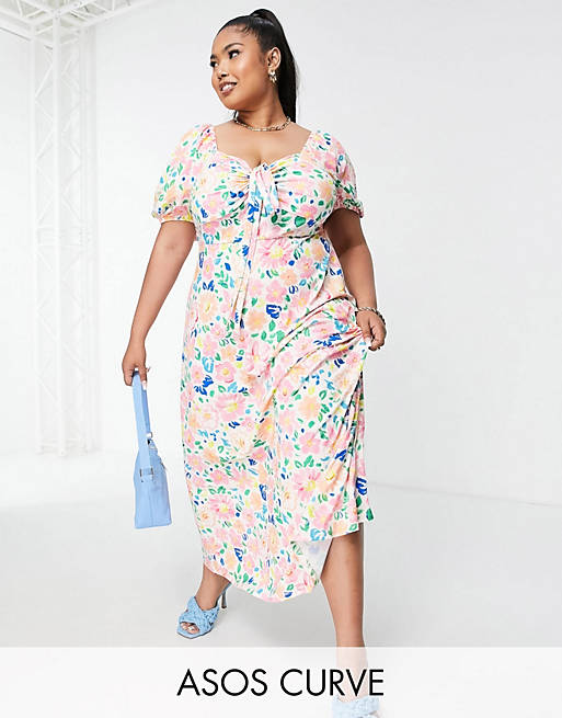 Dresses Curve halter detail puff sleeve maxi dress in bright floral print 