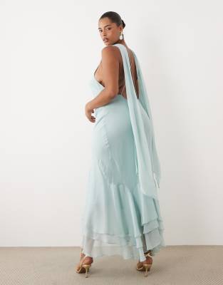 Asos Curve Asos Design Curve Halter Maxi Dress With Scarf Detail And Ruffle Hem In Blue