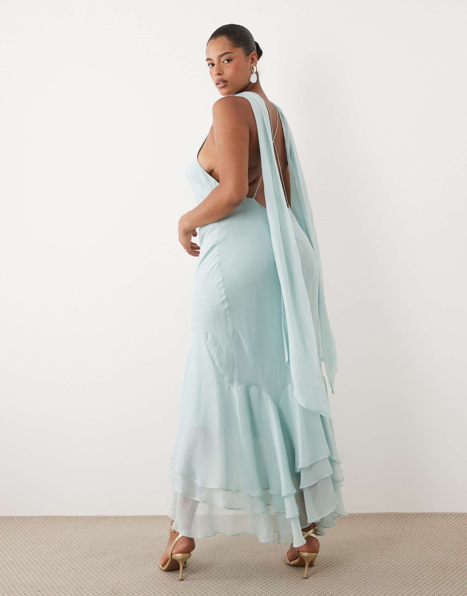 asos design curve halter maxi dress with scarf detail and ruffle hem in blue