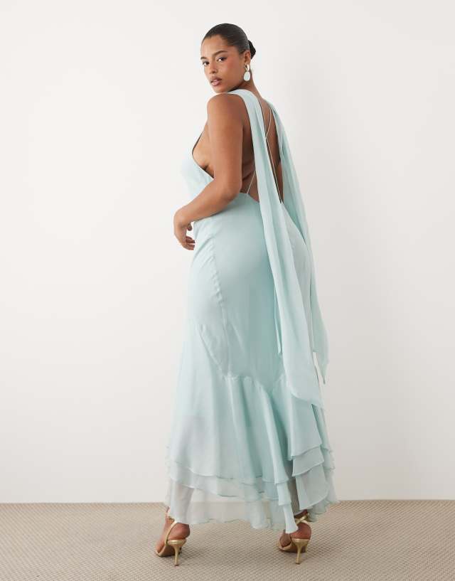 ASOS DESIGN Curve halter maxi dress with scarf detail and ruffle hem in blue