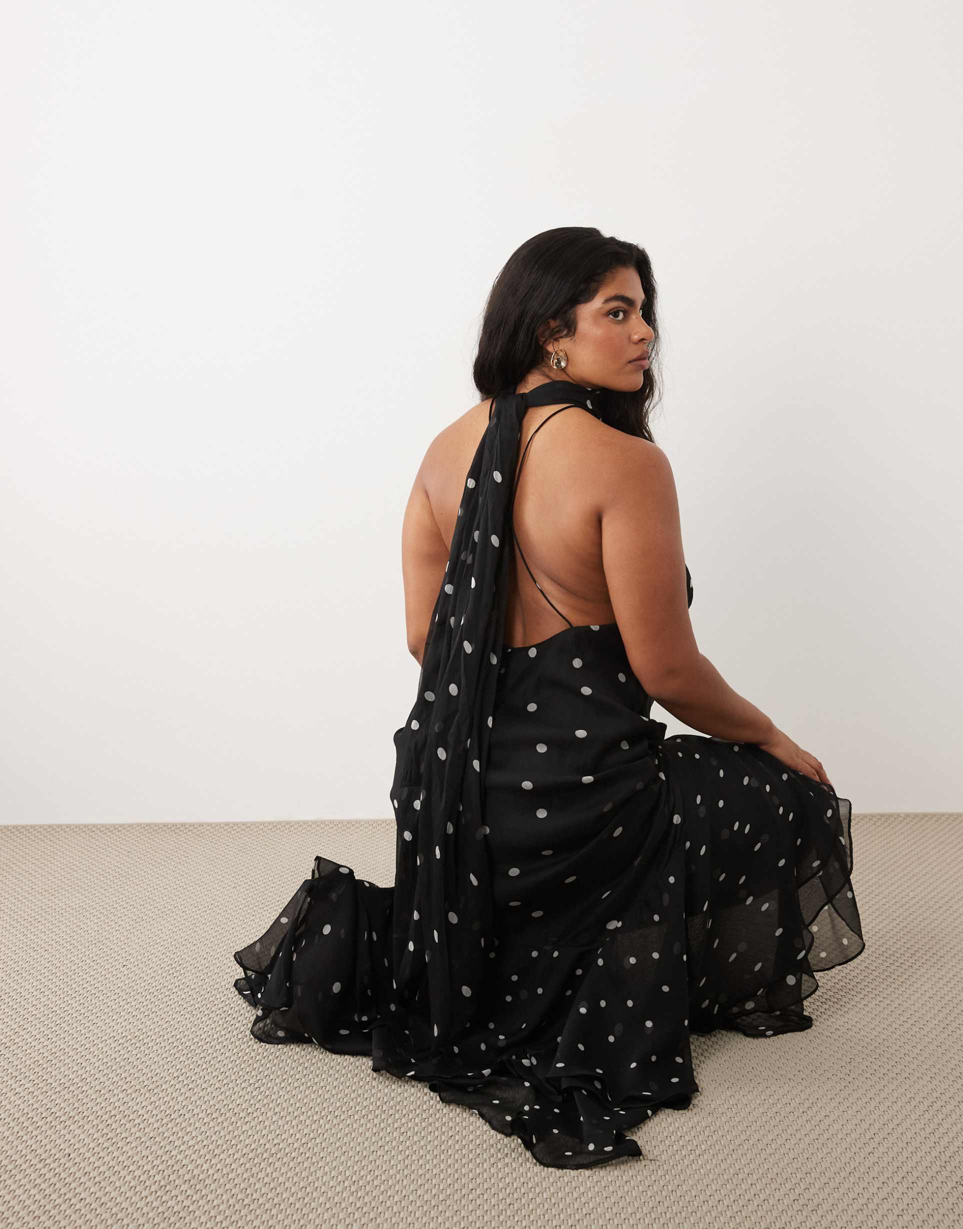 asos design curve halter maxi dress with scarf detail and ruffle hem in mono dot