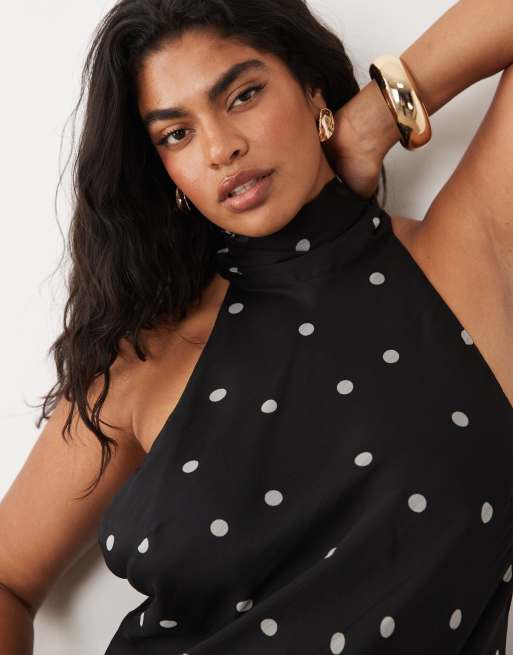 ASOS DESIGN Curve halter maxi dress with scarf detail and ruffle hem in mono spot, 3 of 4